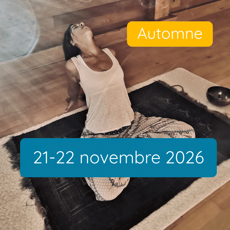 Scylia assise en sidhasana, explorant une torsion vers la gauche. Yoga du cachemire selon l'enseignement de Jean Klein et transmis par Eric Baret.