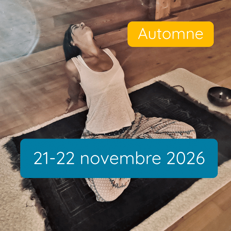 stage automne Scylia assise en sidhasana, explorant une torsion vers la gauche. Yoga du cachemire selon l'enseignement de Jean Klein et transmis par Eric Baret.
